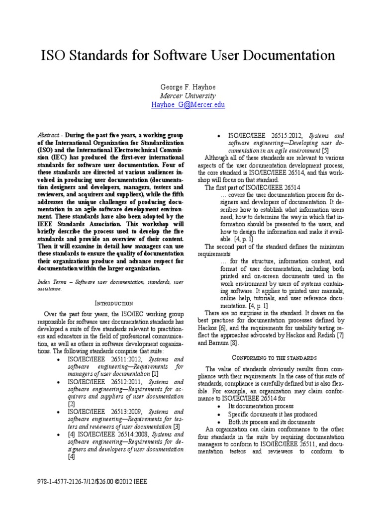 ISO Standards For Software User Documentation. 2012 IEEE International ...
