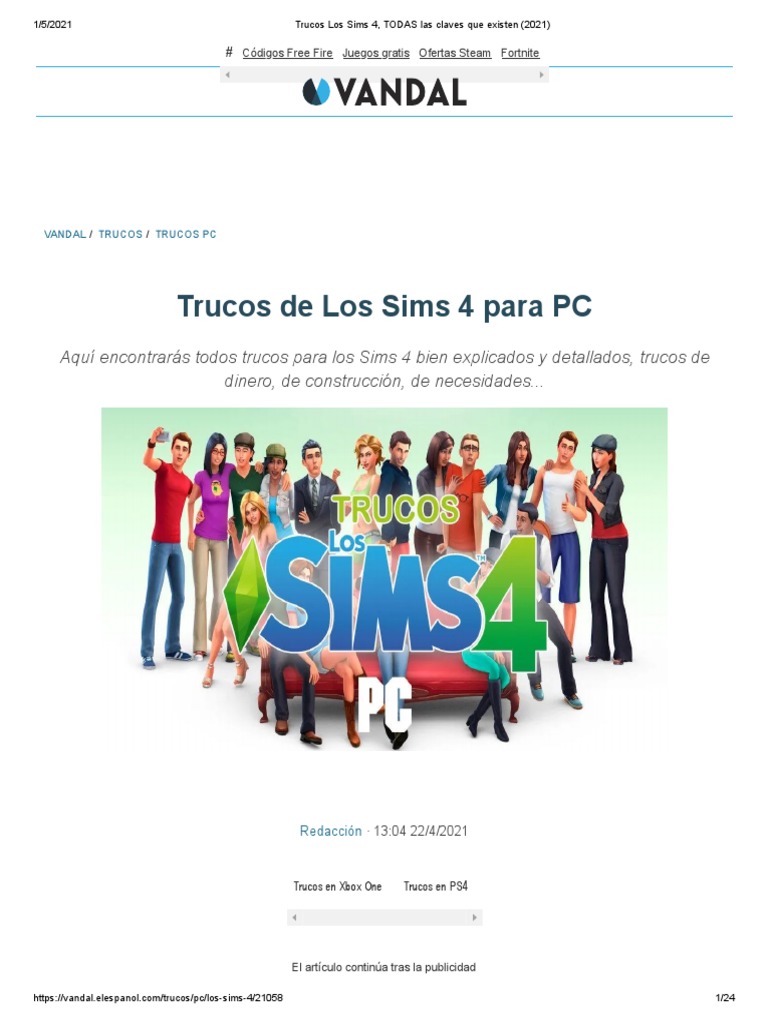 Trucos Los Sims 4, TODAS Las Claves Que Existen (2021) PDF