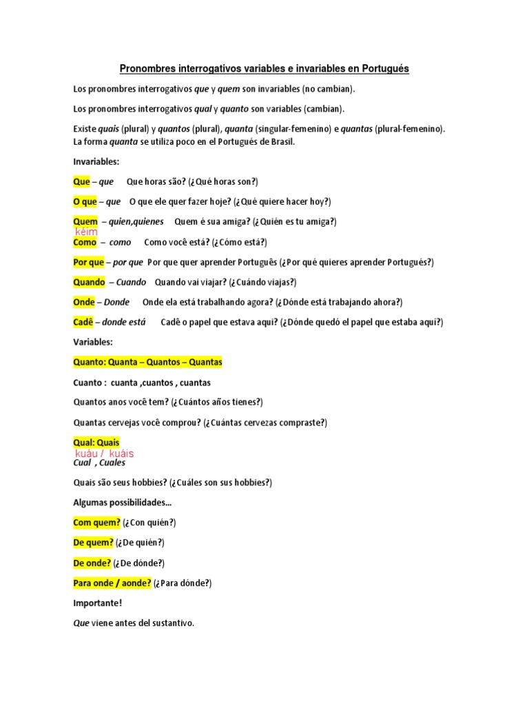 Pronombres Interrogativos Variables e Invariables en Portugués | PDF