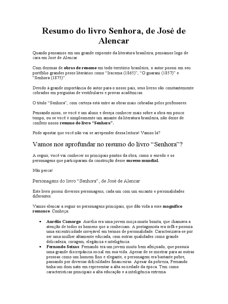 Resumo Do Livro Senhora | PDF | Amor | Casamento
