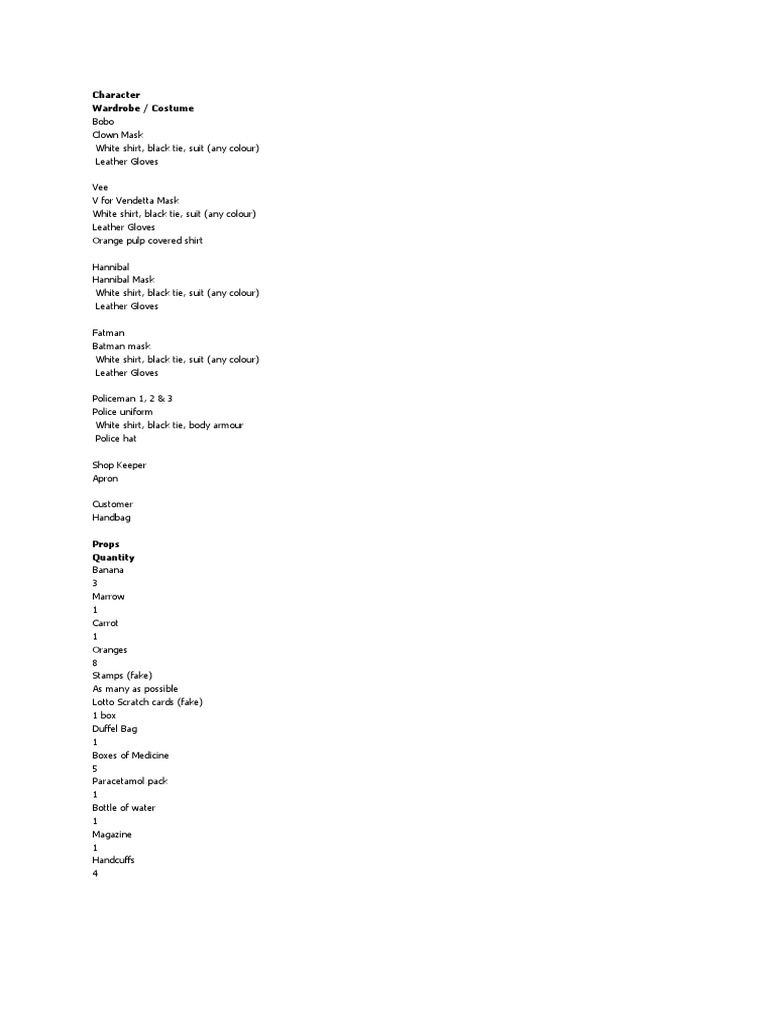 Costume and Prop Inventory List | PDF
