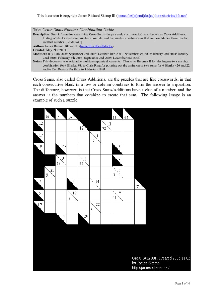 Cross Sums Number Combination Guide: Title | PDF