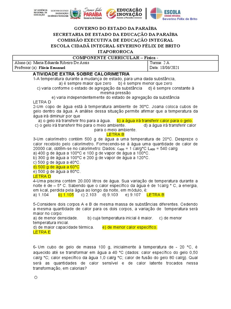 Atividade Extra de Calorimetria | PDF | Calor | Temperatura