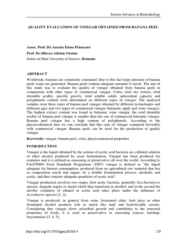 Quality Evaluation of Vinegar Obtained From Banana Peel Section