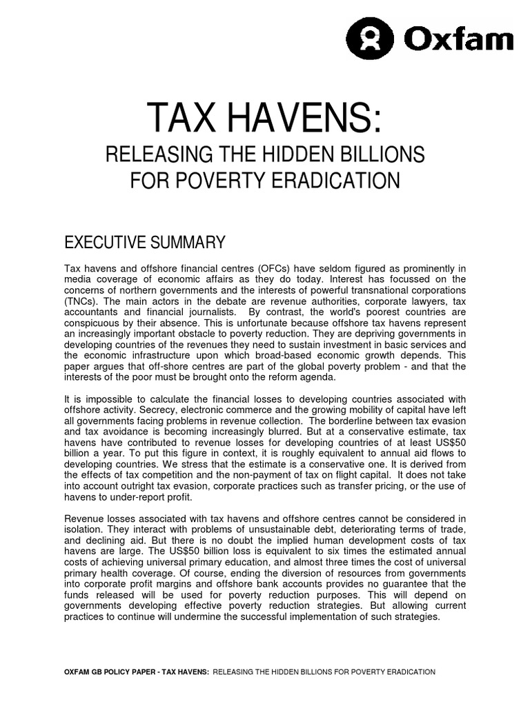 2000 Oxfam Tax Havens Releasing Hidden Billions To Poverty Eradication