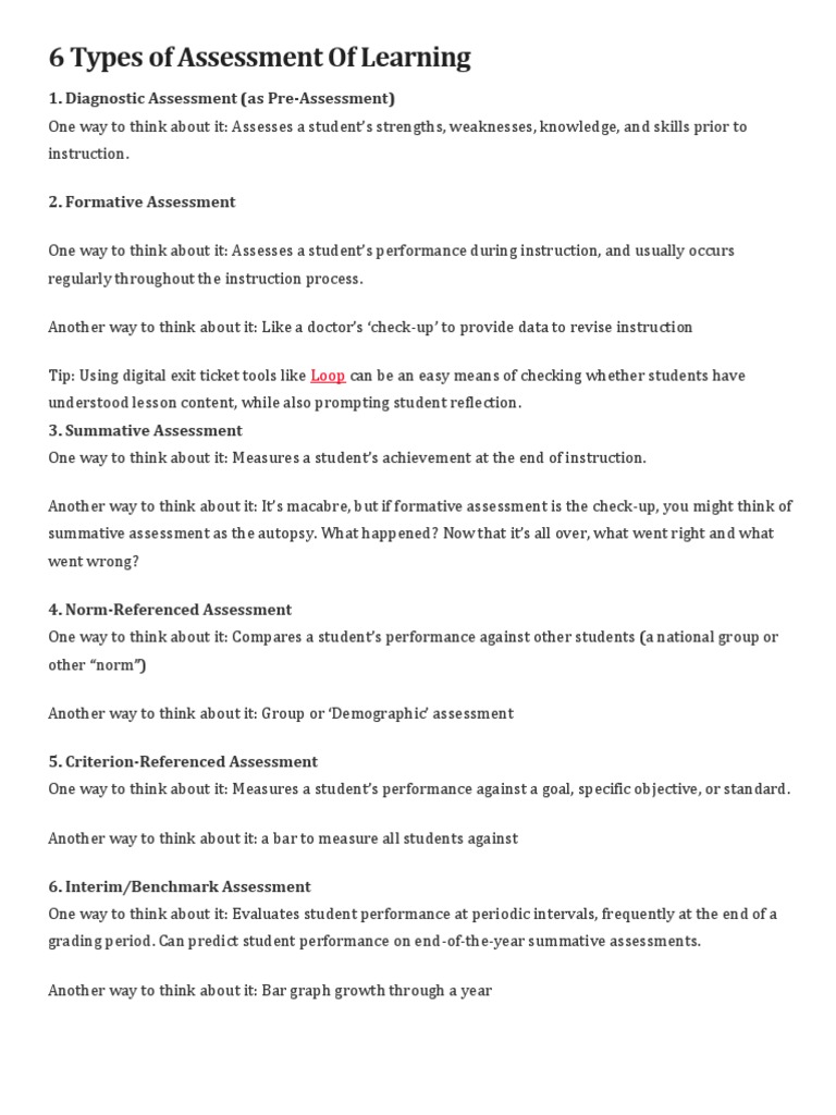 Types of Learning Assessments Explained | PDF | Educational Assessment ...
