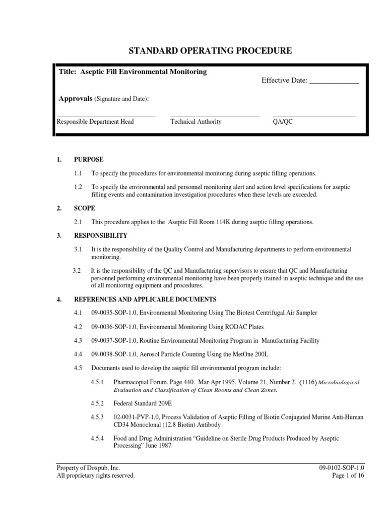 SOP Aseptic Filling Environmental Monitoring Environmental Monitoring