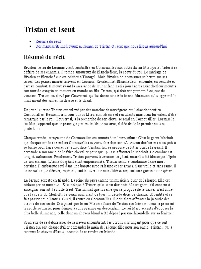 Fiche De Lecture Tristan Et Iseut Pdf Tristan Et Iseut | PDF | Folklore et mythologie breton | Légende arthurienne