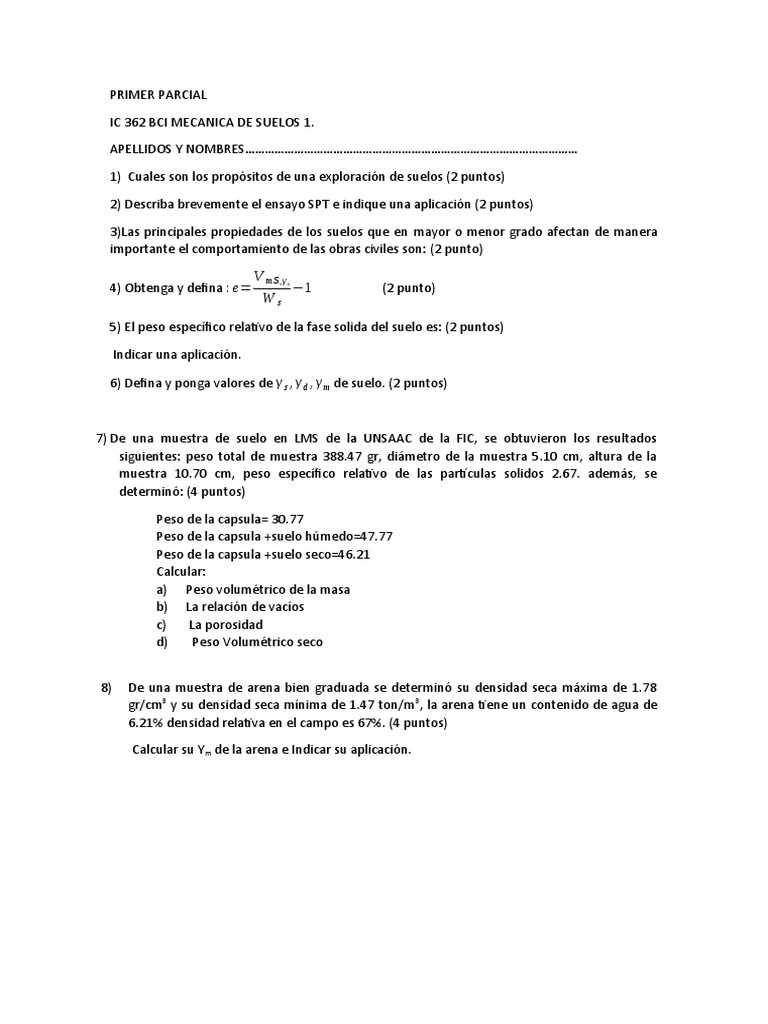 Examen Parcial Mecánica de Suelos 1 | PDF | Métodos y materiales de ...