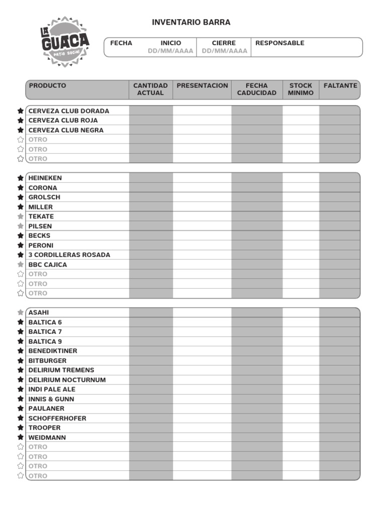 Inventario de Bebidas para Bar | PDF