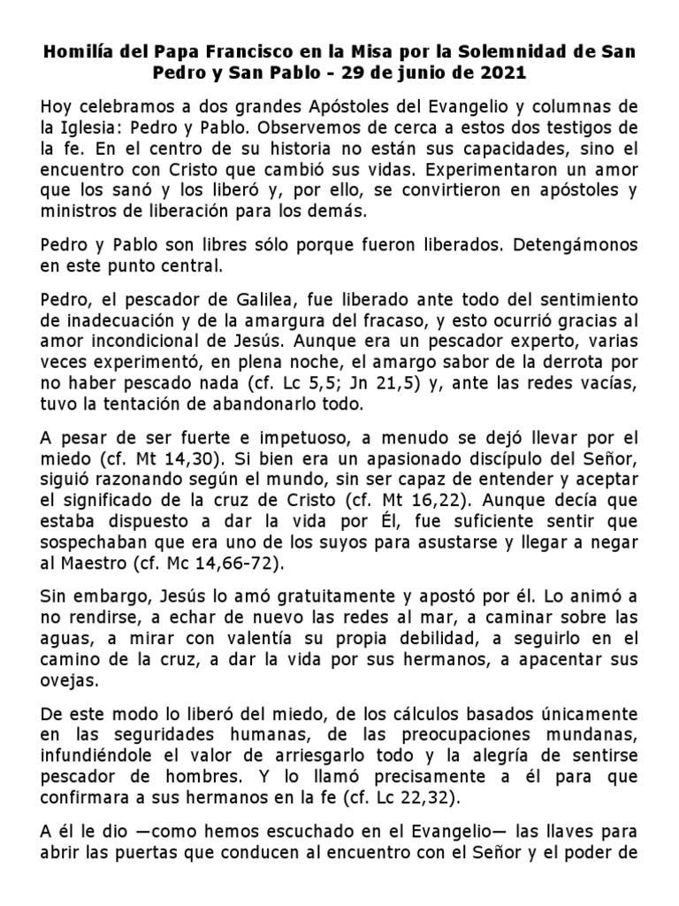 Homilía Del Papa Francisco en La Misa Por La Solemnidad de San Pedro y ...