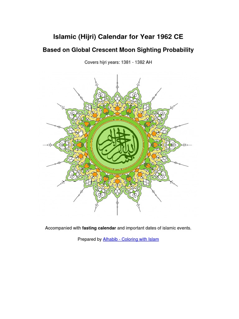 Islamic (Hijri) Calendar For Year 1962 CE: Based On Global Crescent Moon  Sighting Probability | PDF | Religious Behaviour And Experience | Semitic  Words And Phrases