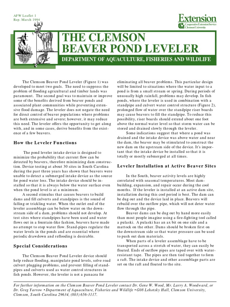 Clemson Beaver Pond Leveler Guide | PDF | Pipe (Fluid Conveyance) | Dam