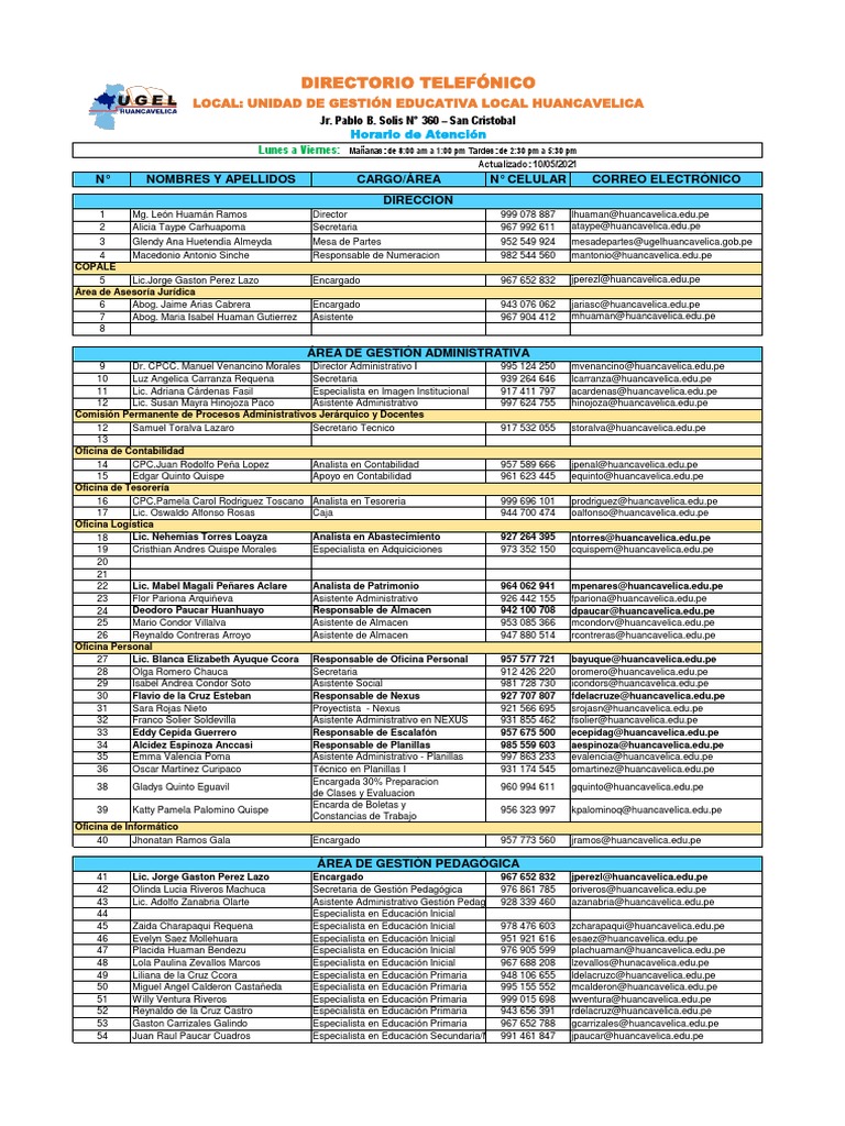 Directorio UGEL Huancavelica 2024 | PDF | Etapas educativas