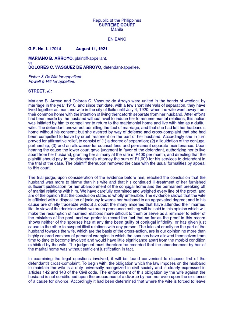 Arroyo v vasquez de arroyo 42 phil 54 pdf divorce marriage