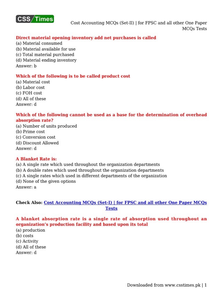 Cost Accounting MCQs (SetII) For FPSC and All Other One Paper MCQs Tests PDF Cost Of