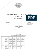 Table of Specifications and Rubrics