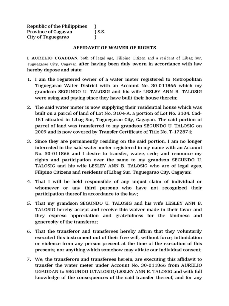 Affidavit of Waiver of Rights-Aurelio Ugaddan | PDF | Affidavit | Legal ...