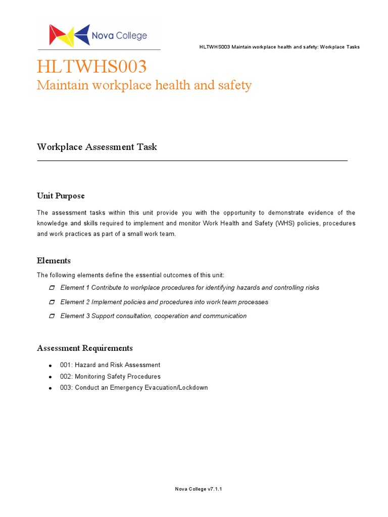 HLTWHS003: Maintain Workplace Health and Safety | PDF | Occupational ...