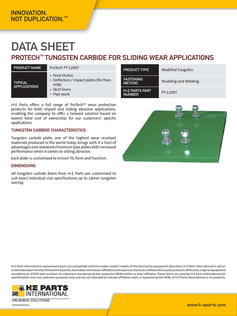H-E Parts Data Sheet PT-1200T Tungsten Carbide | PDF