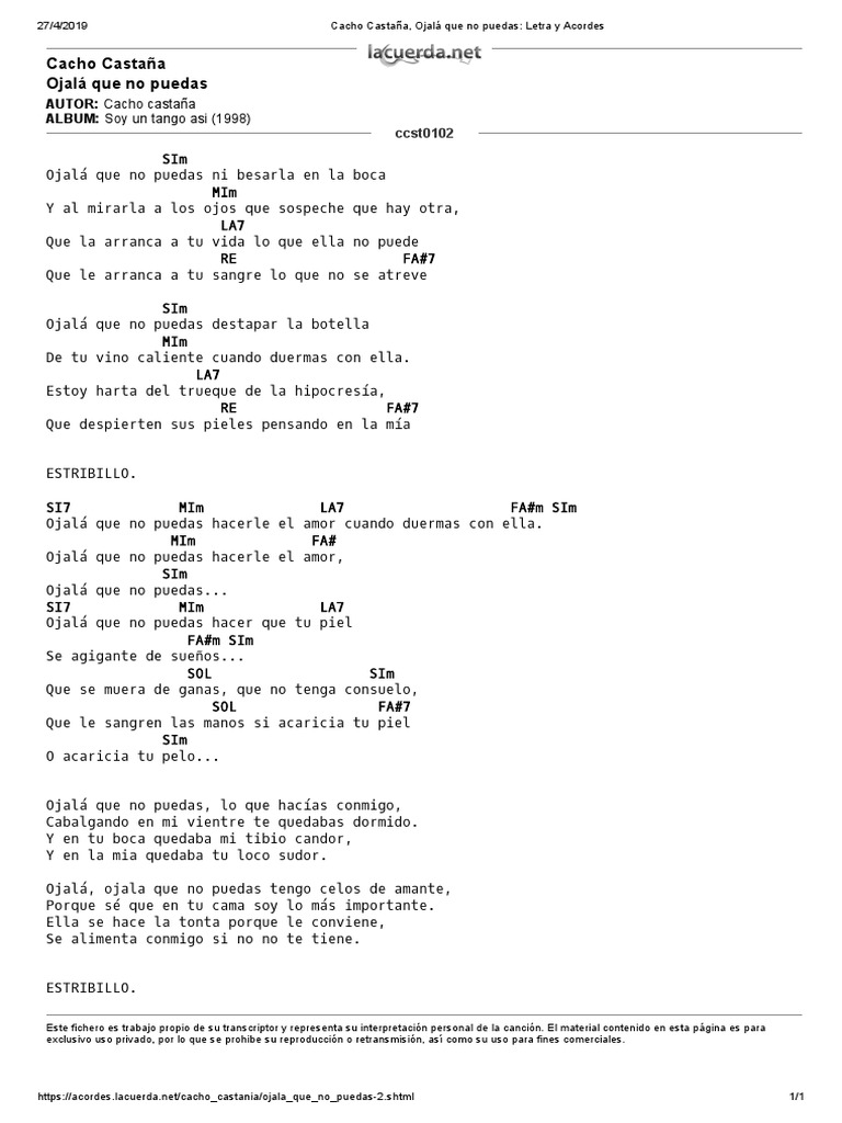 Ojalá que no puedas Letra y acordes de Cacho Castaña PDF