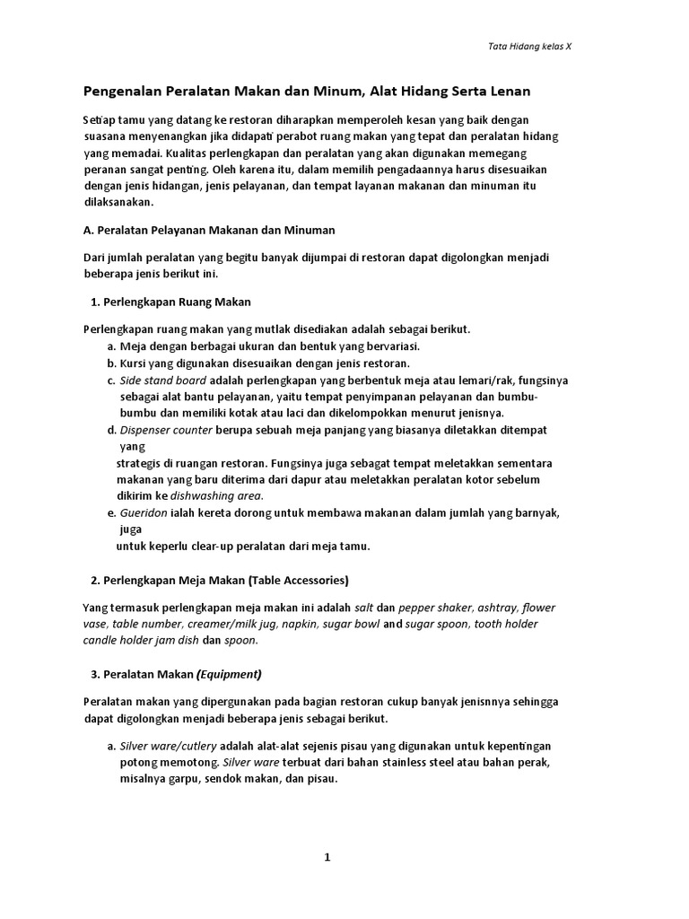 Peralatan Makan Dan Minum, Alat Hidang Dan Lenan | PDF