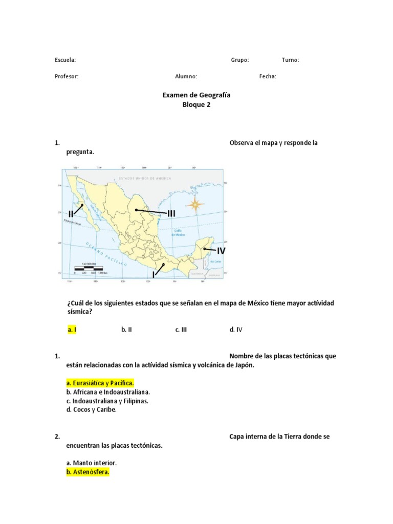 Examen de Geografia Bloque 2 | Descargar gratis PDF | Tierra | Clima