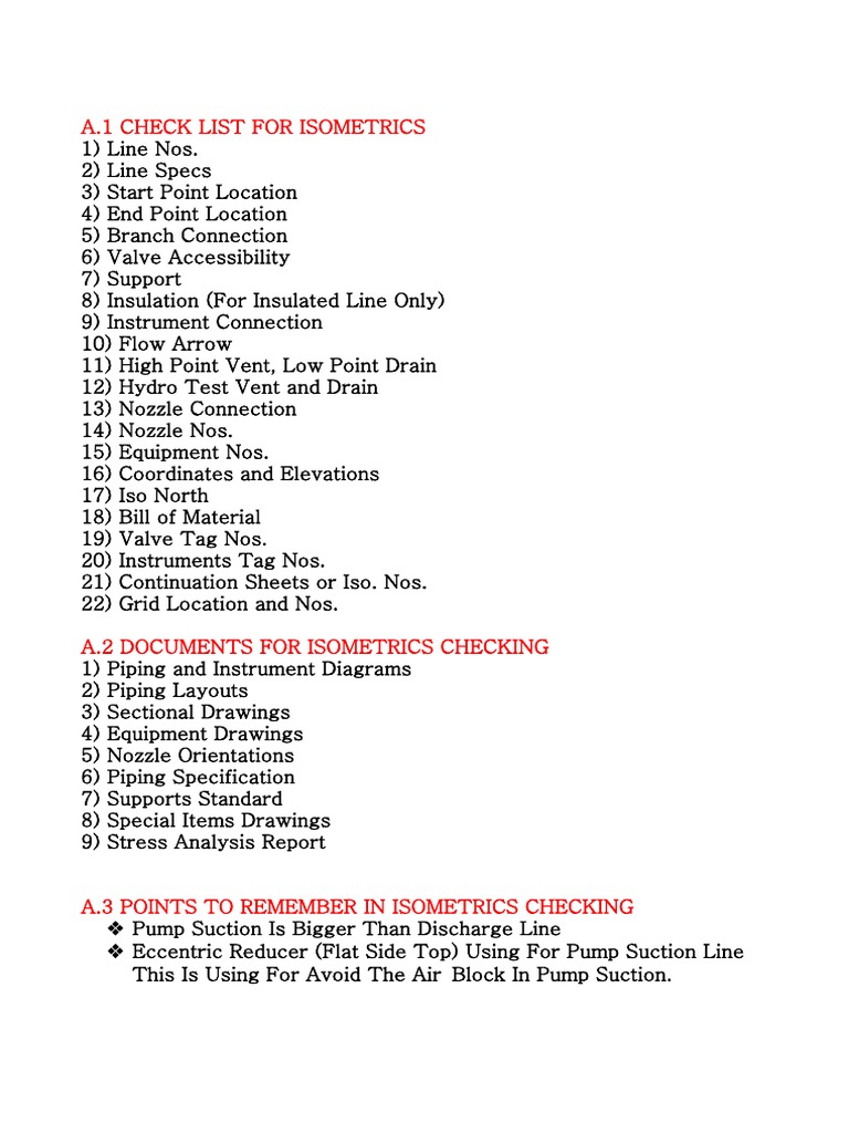 Piping Isometric Drawing Checklist | PDF | Pipe (Fluid Conveyance) | Pump