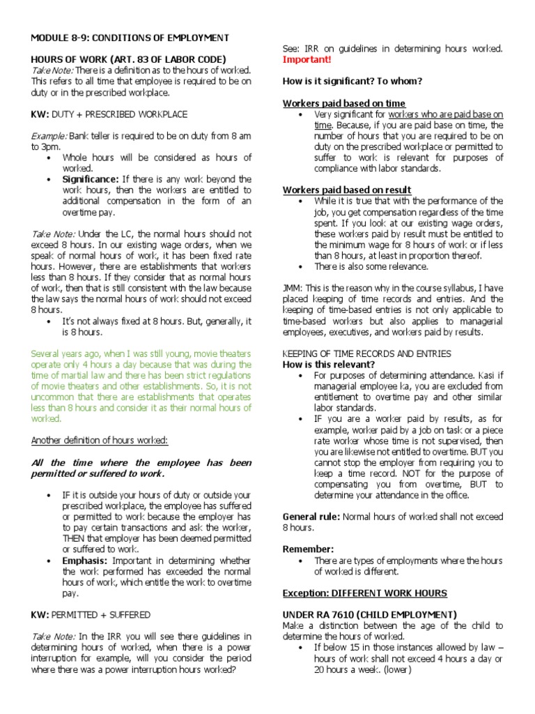 Conditions of Employment Understanding Hours of Work, Meal Periods