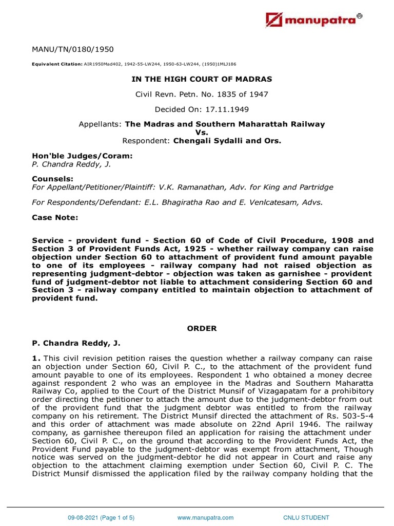 Madras HC Ruling on Provident Fund Attachment | PDF | Judgment (Law ...
