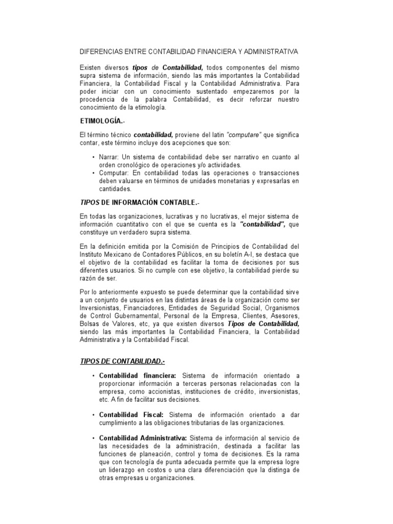 DIFERENCIAS ENTRE CONTABILIDAD FINANCIERA Y ADMINISTRATIVA