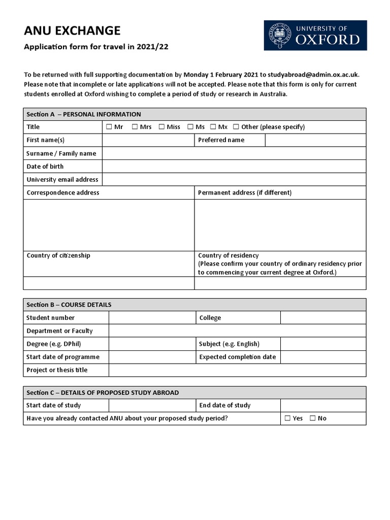 ANU Application Form 202122 PDF International Student Doctor Of