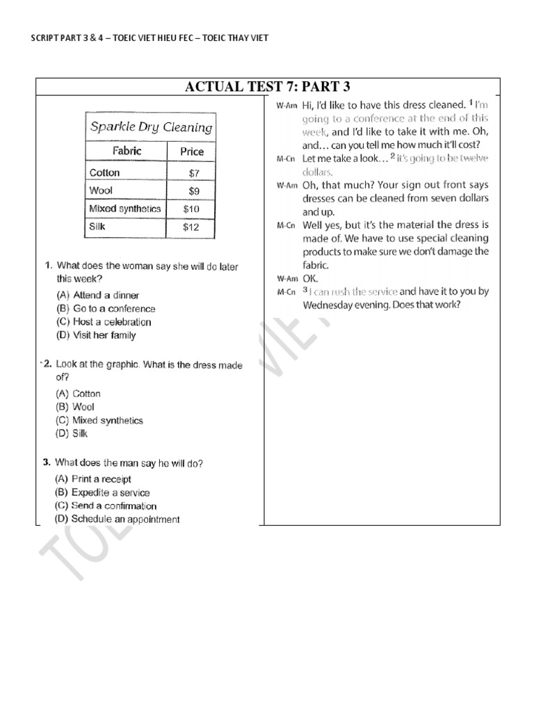 Actual Test 7: Part 3: Script Part 3 & 4 - Toeic Viet Hieu Fec - Toeic ...