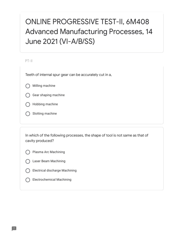 Advanced Manufacturing Processes Quiz | PDF | Machining | Gear