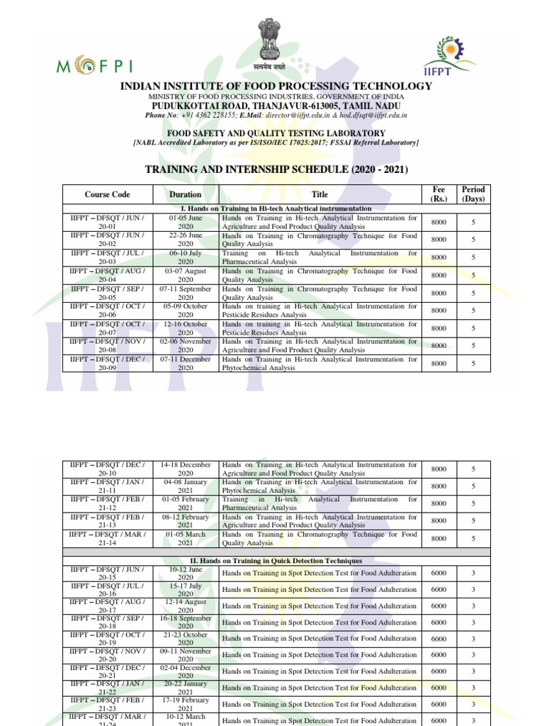 IIFPT Training Schedule 2020-2021 | PDF | Food Industry | Nutrition