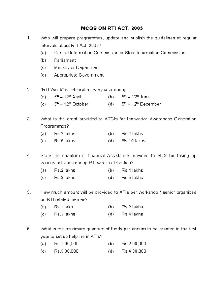 MCQs On RTI Act - 89 | PDF | Public Sphere | Public Law