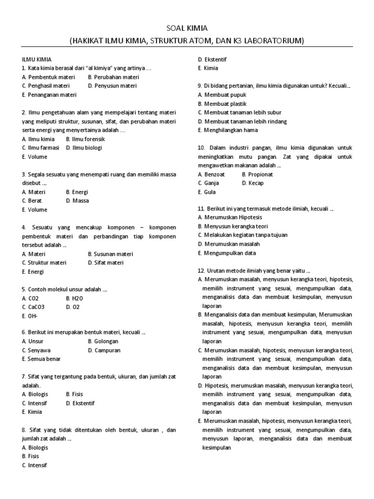 1 Soal Ilmu Kimia Struktur Atom Dan K3lab Pdf