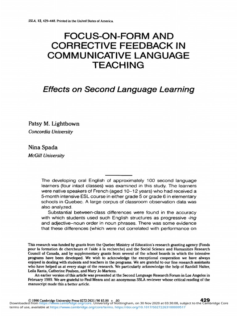 Focus-on-Form and Corrective Feedback in Communicative Language ...