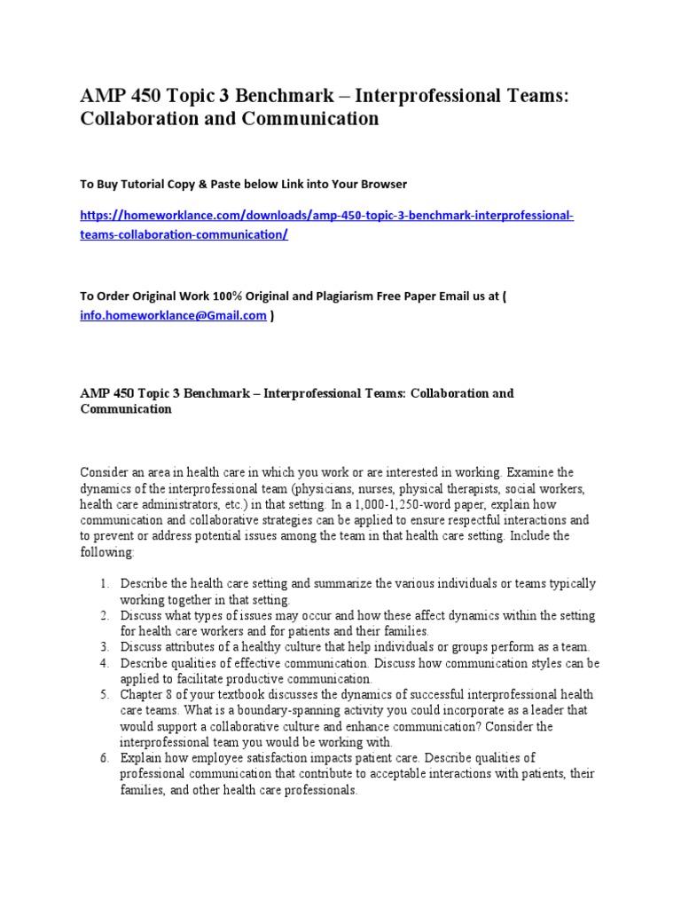 AMP 450 Topic 3 Benchmark - Interprofessional Teams Collaboration and ...