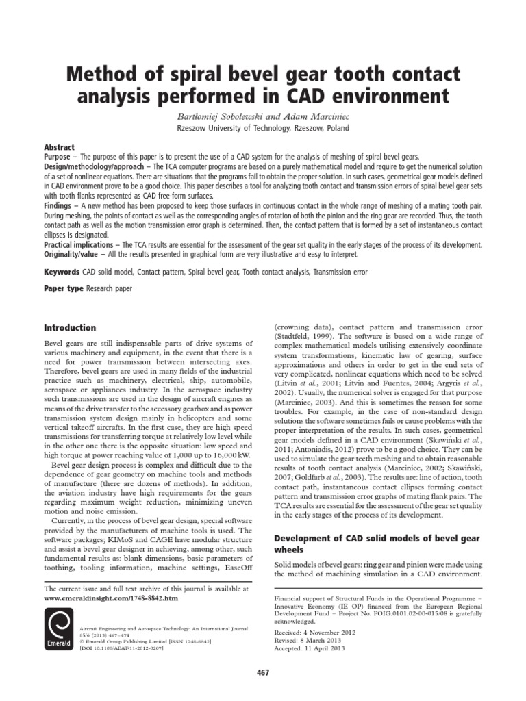 Method of Spiral Bevel Gear Tooth Contact PDF Gear Computer Aided