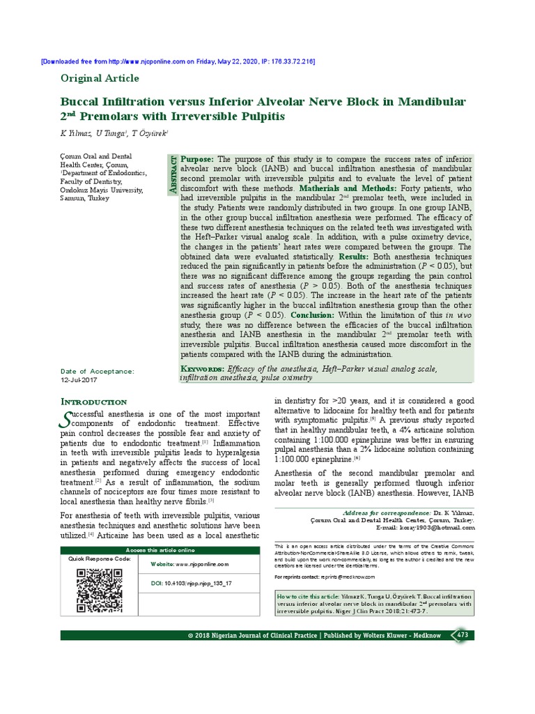 Buccal Infiltration Versus Inferior Alveolar Nerve Block in Mandibular