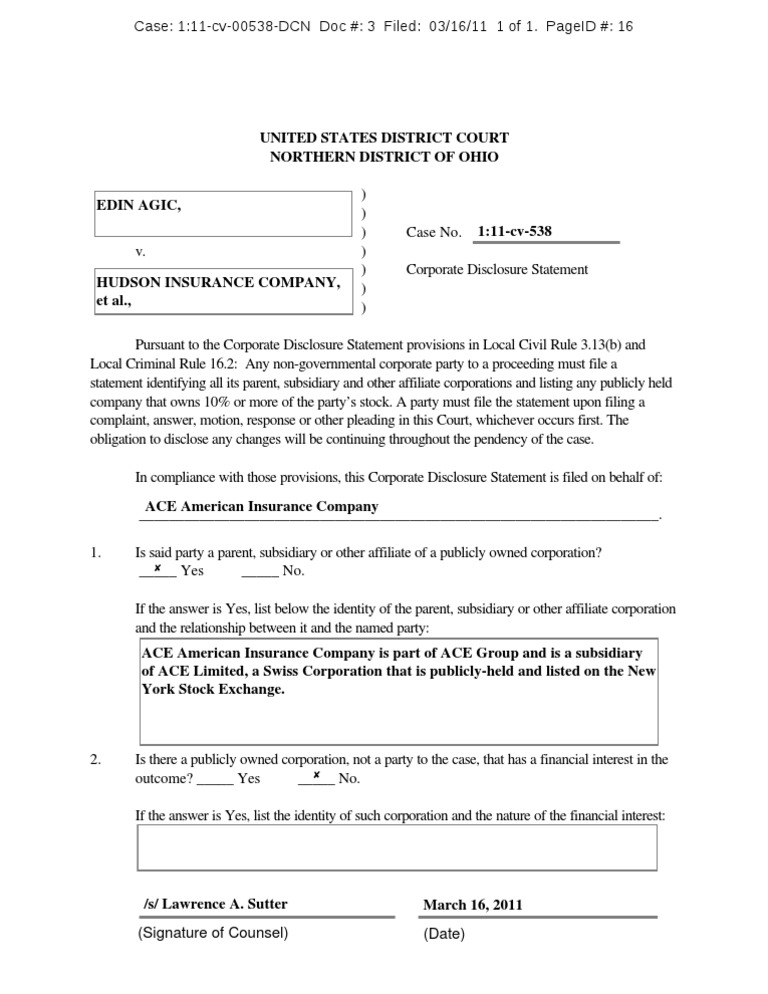 AGIC v. HUDSON INSURANCE COMPANY Et Al ACE Corporate Disclosure | PDF