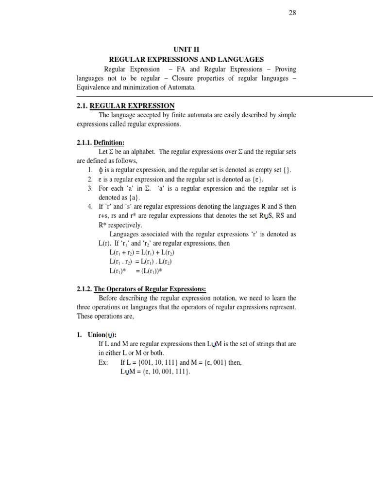 Unit Ii Regular Expressions and Languages: 2.1.1. Definition | PDF ...
