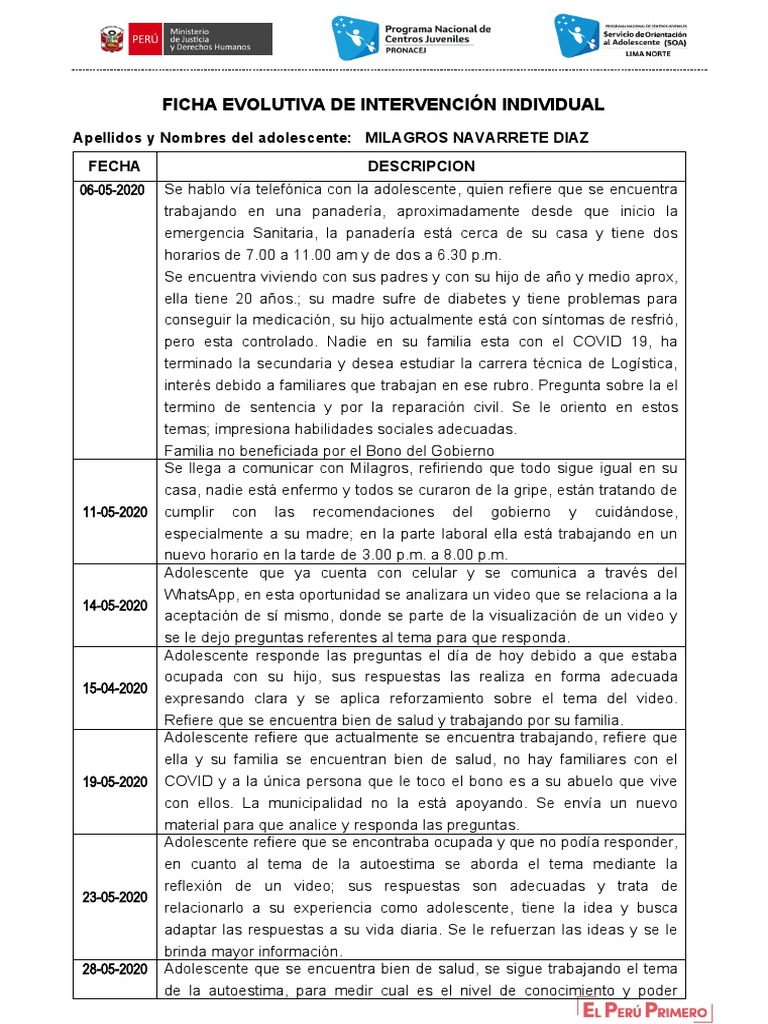 Ficha Evolutiva Individual NAVARRETE DIAZ MILAGROS PDF Autoestima