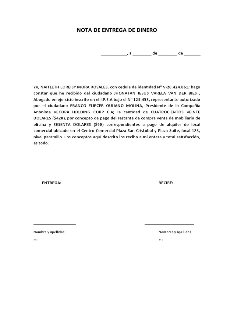 Modelo Recibo Entrega Dinero Ejemplo Nota de Entrega Dinero Word | PDF