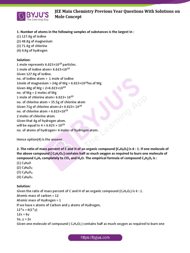 JEE Main Chemistry Previous Year Questions With Solutions On Mole ...