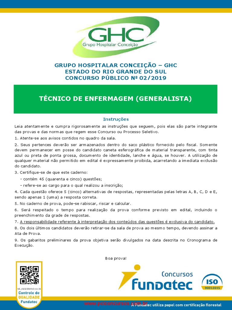 Prova Técnico de Enfermagem Generalista | PDF | Enfermagem | Desinfetante