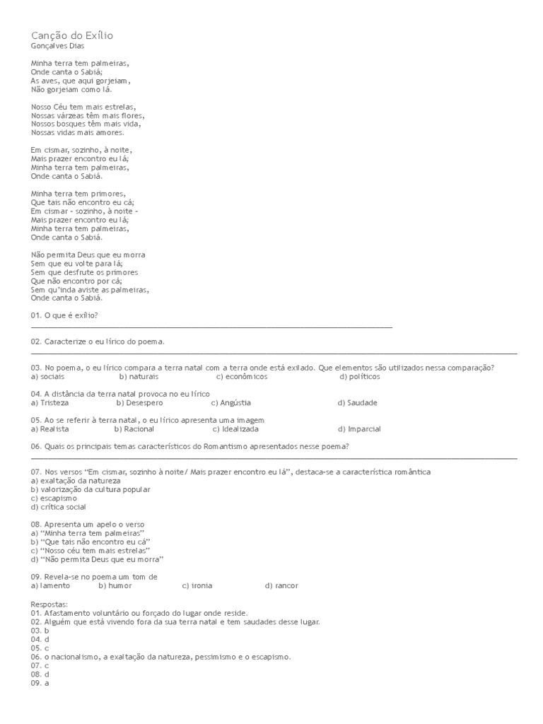 Exercícios de Interpretação de Textos Resolvidos - Canção Do Exílio ...