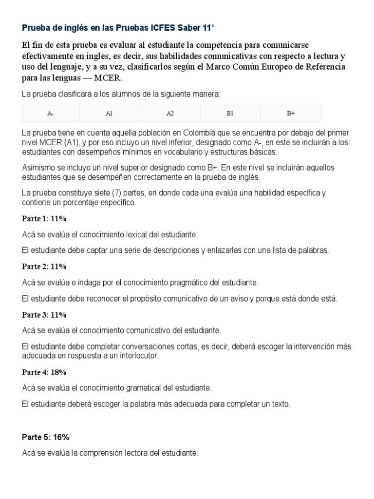 Prueba de Inglés en Las Pruebas ICFES Saber 11 | PDF