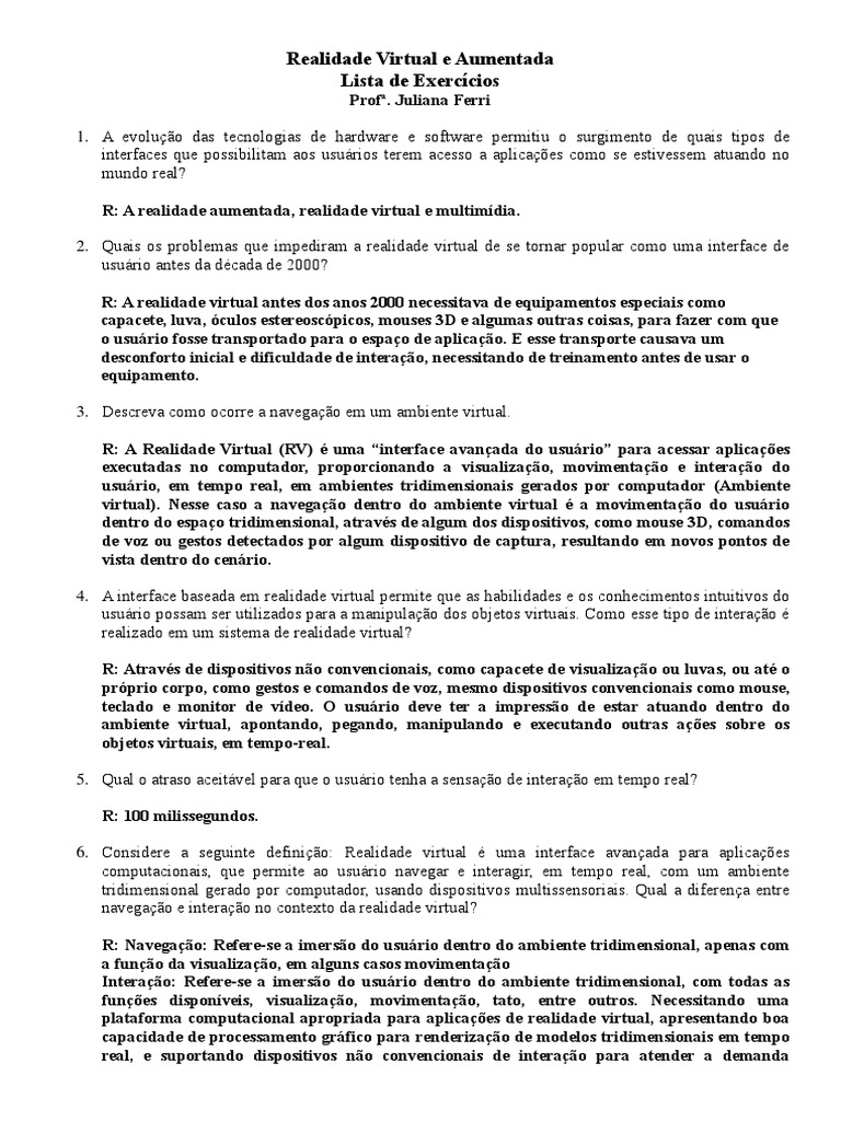 Exercícios sobre Realidade Virtual e Aumentada | PDF | Realidade ...